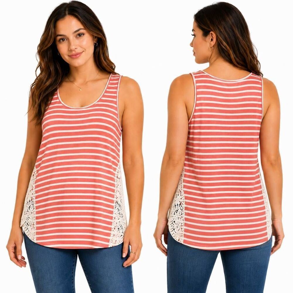 Paper + Tee Coral Striped Tank Top M Crochet Lace Sides Sleeveless Casual